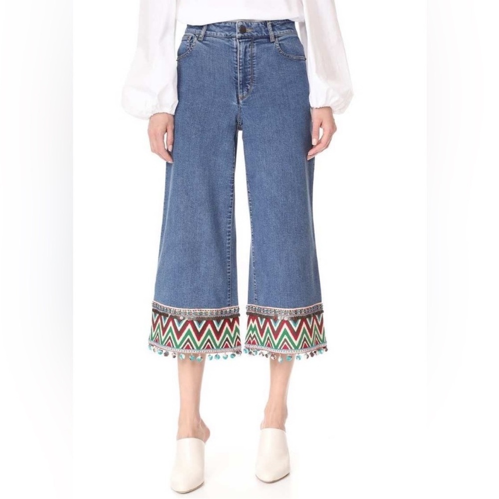 Alice + Olivia Beta Embroider Pom Pom Hem Denim Wide Leg High Waist Jeans